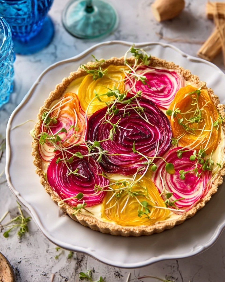 The image shows a colorful vegetable tart on a white plate with a scalloped edge, sitting on a white marbled surface. The tart has a light brown crust with a slightly rough texture. On top, vibrant thin slices of red, yellow, and pink beetroot are arranged in layered swirls in the center, surrounded by small sprouts scattered across the surface, adding fine green details. The background shows parts of a blue decorative object and some wooden elements but is softly out of focus. The overall look is fresh, bright, and artistic. photo taken with an iphone --ar 4:5 --v 7