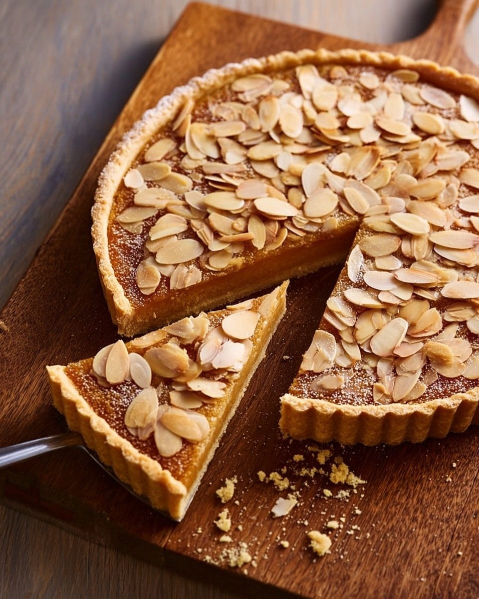 A round tart with a golden crust sits on a wooden cutting board. The tart has a smooth, light brown filling topped with many thin, toasted almond slices spread evenly over the surface. One slice of the tart is cut and pulled out slightly, showing the thickness of the almond top and the soft texture of the filling inside. The wooden board contrasts with the tart and small crumbs are scattered nearby. Photo taken with an iphone --ar 4:5 --v 7