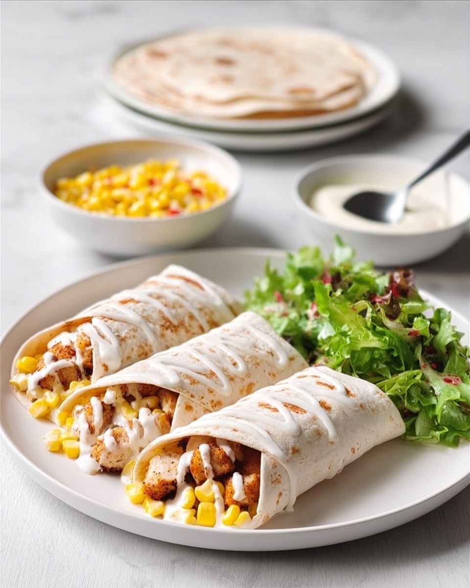 Two soft white tortillas are folded into wraps, each filled with grilled chicken pieces and topped with bright yellow corn and a drizzle of white sauce, placed side by side on a large white plate. To the right of the wraps, there is a small pile of fresh green leafy salad with a mix of light and dark greens. Behind the plate, a small white bowl filled with yellow corn with red bits sits slightly elevated, a spoon resting inside it. Further back, another white bowl holds a white sauce. In the very back, a stack of white plates with another tortilla wrap on top is visible. The scene is set on a white marbled table surface, with soft natural lighting. photo taken with an iphone --ar 4:5 --v 7