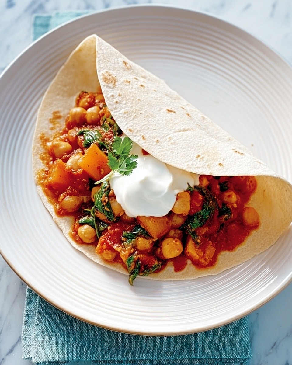 A white plate holds a soft, light beige tortilla folded in half, partially covering a thick filling. The filling consists of an orange-red stew with chickpeas, chunks of orange squash, and green spinach pieces, mixed with a rich, slightly oily sauce. On top of the filling is a dollop of smooth, white cream, adding contrast. The plate is set on a white marbled surface, with a light blue cloth under one edge of the plate. Photo taken with an iphone --ar 4:5 --v 7