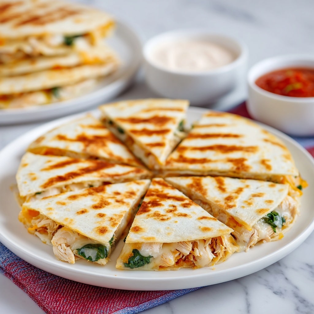 A white plate holds a round quesadilla cut into eight triangular slices with visible grill marks on the light golden-brown top layer. Two slices are placed in front, layered with a mix of shredded light brown chicken, melted cheese, and bits of green leafy vegetables, showing a slightly textured filling. The rest of the quesadilla is in the background on the same white plate, slightly blurred. To the right, there are two small white bowls with reddish salsa and light cream sauce, sitting on the white marbled surface. The whole scene has a clean, bright look, with a red and light blue cloth napkin underneath the front slices. Photo taken with an iphone --ar 4:5 --v 7