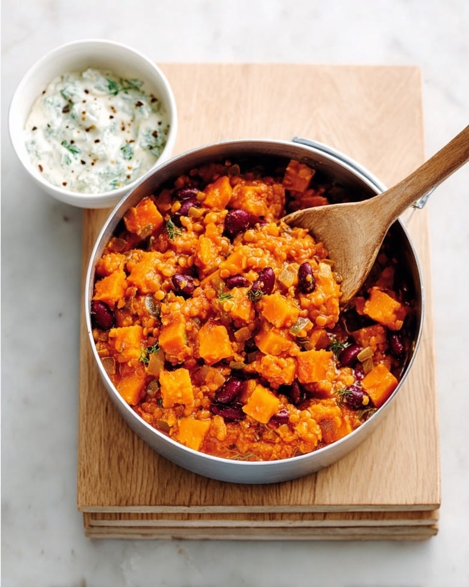 A round metal pot filled with a colorful stew made of chopped orange pumpkin chunks, red lentils, and dark red kidney beans, each ingredient visible in thick, soft layers mixed together. A wooden spoon rests inside the pot, partly lifting some of the stew. Next to the pot, on the top left, there is a small white bowl containing a creamy white sauce with small green herbs and black specks. The pot sits on two wooden boards stacked on top of a white marbled surface with soft lighting that shows the texture of the vegetables clearly. Photo taken with an iphone --ar 4:5 --v 7