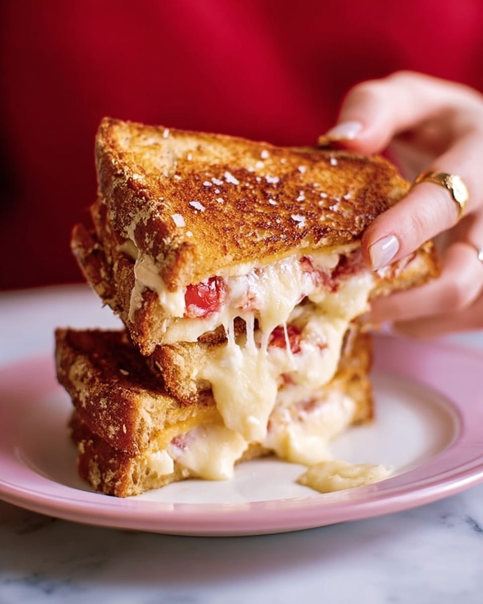 A close-up view of a grilled sandwich held by a woman's hand with a silver ring, showing two triangular golden-brown toasted bread slices with a crispy texture. The inside layers reveal melted, creamy yellow cheese oozing out smoothly, along with small pieces of red tomato and bits of white cheese. The sandwich is placed on a plain white plate, sitting on a white marbled surface, and the background is softly blurred in red tones. photo taken with an iphone --ar 4:5 --v 7