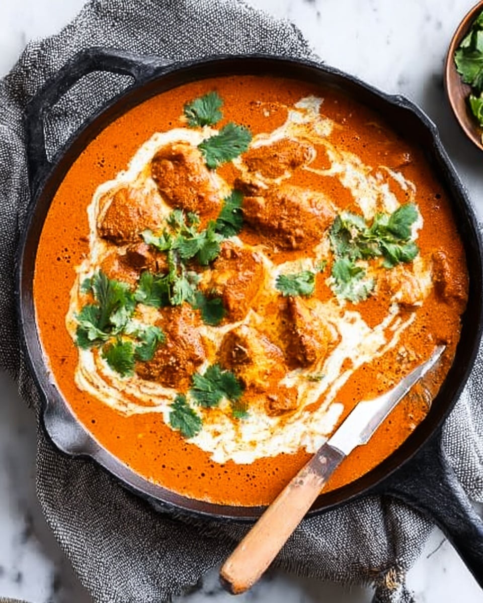 A black cast iron pan holds a rich orange curry with a smooth creamy texture, swirled with white cream on top that forms gentle curves across the surface. Several pieces of chicken, coated in the curry sauce, sit spread out evenly, partially covered by the sauce. Fresh bright green cilantro leaves are scattered on top, adding pops of color. A silver spoon with a wooden handle rests on the right side of the pan, placed on a folded gray cloth. The background shows a white marbled surface. photo taken with an iphone --ar 4:5 --v 7