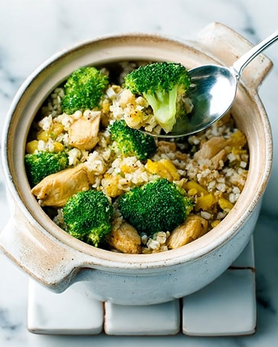 The image shows a close-up of a rustic, round cooking pot filled with a mix of food layers. At the bottom, there is a layer of cooked grains, light brown and slightly sticky. On top of that, there are bright green broccoli florets scattered unevenly, giving a fresh look. Large pieces of browned chicken sit nestled among the broccoli, showing a golden, slightly crispy texture. A spoon, held by a woman's hand, scoops some grains and broccoli from the pot. The pot is placed on a white tiled coaster, all set on a white marbled surface. The colors are warm and natural, suggesting a hearty, healthy meal photo taken with an iphone --ar 4:5 --v 7