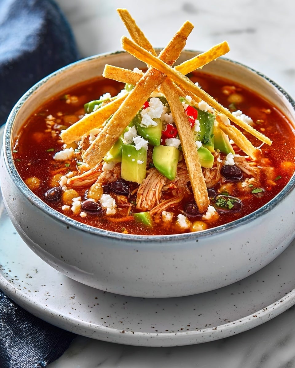 The image shows a black bowl filled with a colorful chicken soup placed on a white marbled surface. The soup has many layers: the base is a deep red broth with visible black beans and corn kernels, topped with shredded chicken. Above the chicken, there are several chunks of bright green avocado and small red chili slices, sprinkled with crumbly white cheese. Thin, crispy yellow tortilla strips are laid on top in a crisscross pattern, adding height and texture to the dish. The bowl rests on a matching black saucer, and the setting is lit with natural light, creating a warm and inviting look. photo taken with an iphone --ar 4:5 --v 7