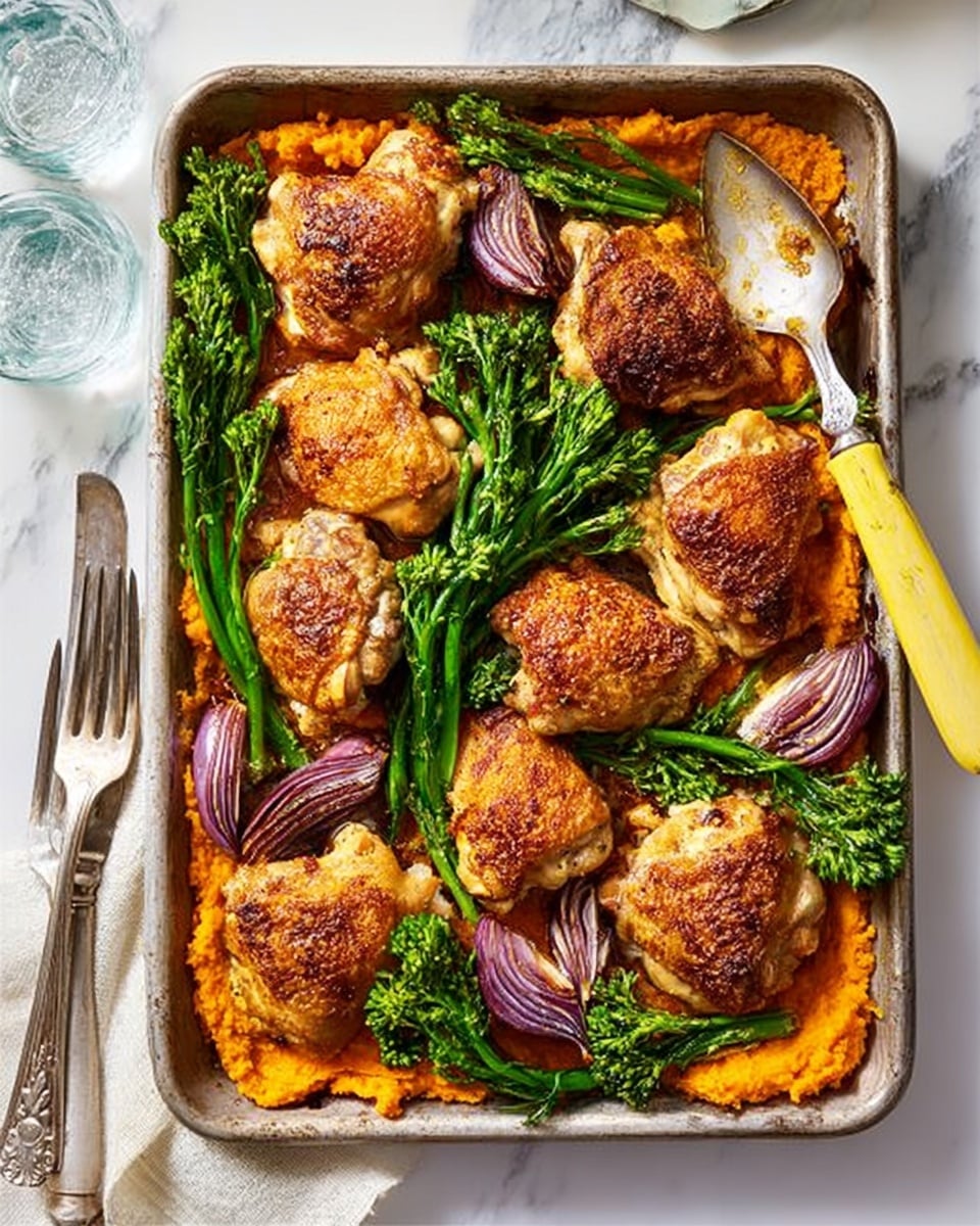 The image shows a white metal baking tray filled with a cooked dish arranged in distinct layers: the bottom layer is a bright orange mashed sweet potato, smooth in texture and spread evenly; on top are roasted red onion wedges, purple with caramelized edges, and bright green broccolini stalks scattered throughout; the top layer features golden-brown roasted chicken thighs with crispy skin, placed neatly across the tray. A silver serving spoon with a yellow handle rests on the right side of the tray. The tray sits on a white marbled surface, with a clear glass of water and a set of silver fork and knives partially visible nearby. Photo taken with an iphone --ar 4:5 --v 7