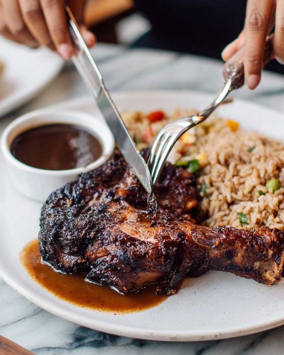 A white plate holds a charred dark brown grilled meat chop with a bone extending to the left, covered in some brown sauce underneath. To the right of the meat, there is a portion of light brown cooked rice mixed with small bits of vegetables. Behind the meat is a white bowl filled with a dark brown sauce. A woman’s hand is holding a silver fork piercing the meat on the right side, while a knife is cutting into the top center of the meat. The background surface is a white marbled texture. photo taken with an iphone --ar 4:5 --v 7