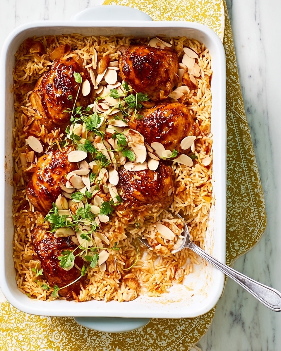 A white rectangular baking dish filled with a layered meal. The bottom layer is golden-brown rice mixed with thin, lightly browned onions spread evenly. On top, five browned chicken pieces with a shiny glaze sit, scattered across the rice. Lightly toasted sliced almonds are spread over the dish, along with sprigs of fresh green herbs for color. A silver spoon rests in the lower part of the dish, slightly scooping some rice. The dish is placed on a white marbled surface with a yellow patterned cloth beneath it, photo taken with an iphone --ar 4:5 --v 7
