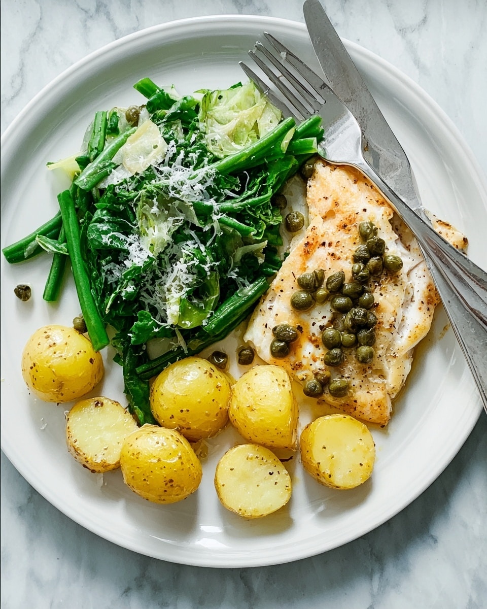 A white plate with three layers of food: the bottom layer has several small, round golden-yellow roasted potatoes, some cut in half; on top is a piece of light golden-brown cooked fish sprinkled with small green capers; beside the fish is a pile of bright green steamed vegetables, including long green beans and leafy greens, lightly covered with grated white cheese. The plate sits on a white marbled surface, and a silver fork rests on the top edge of the plate. Photo taken with an iphone --ar 4:5 --v 7