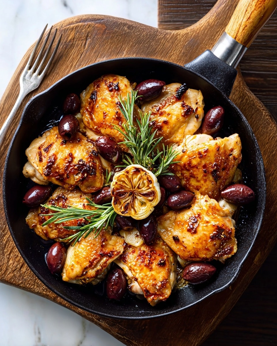 The image shows a black cast iron pan placed on a white marbled surface with wooden cutting board underneath. Inside the pan, there are several pieces of golden brown grilled chicken with crispy skin, arranged in a circular pattern. Scattered among the chicken are dark purple olives, adding contrast. On top of the chicken, there is a halved roasted garlic bulb with a sprig of fresh green rosemary, providing texture and color. The pan handle is visible with a wooden grip, and a silver fork lies nearby. photo taken with an iphone --ar 4:5 --v 7