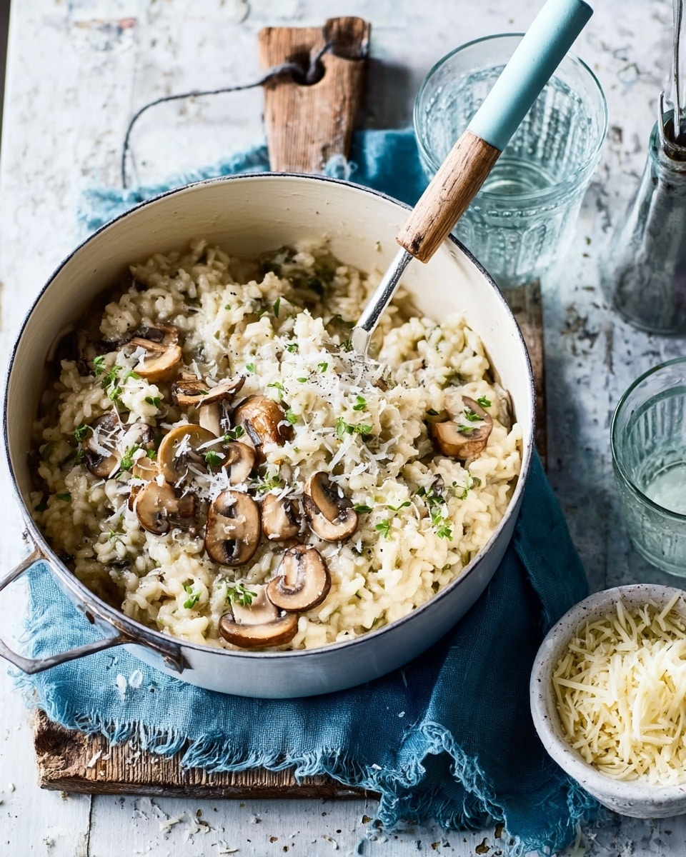 The image shows a white saucepan filled with creamy risotto with visible pieces of cooked mushrooms on top. The risotto has a soft, light beige color with a slightly glossy texture indicating creaminess. Some sprinkled green herbs add small green spots on the dish. The saucepan rests on a folded blue cloth over a rustic wooden surface, and a woman's hand is holding a wooden spoon inside the pan, stirring the food. Next to the pot, there is a small white bowl full of grated cheese with a fine, fluffy texture. The background surface is a white marbled texture. Photo taken with an iphone --ar 4:5 --v 7