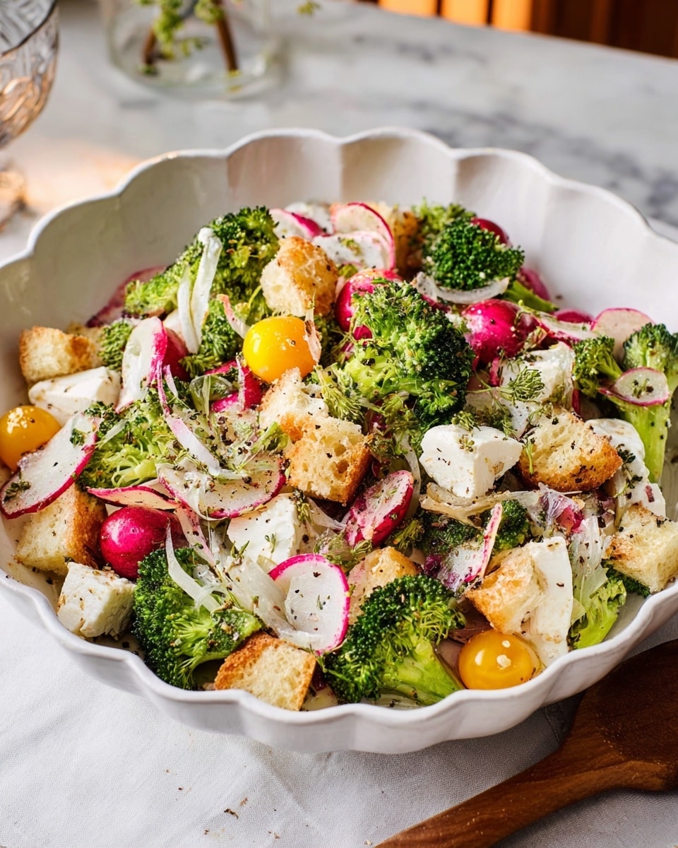 A white scalloped bowl holds a colorful salad with multiple layers: bright green broccoli florets scattered on top, mixed with thin white and pink radish slices, small yellow cherry tomato halves, and chunks of white cheese with soft texture. There are light brown croutons spread evenly across, with some sprinkled herbs and black pepper for garnish. The background shows a white marbled surface and a warm light source to the right side, with a wooden utensil visible near the bowl. Photo taken with an iphone --ar 4:5 --v 7