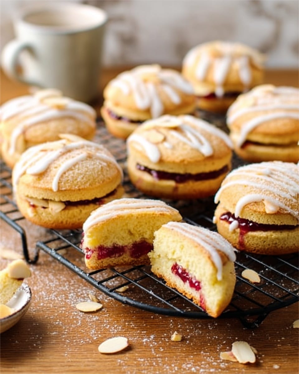 There are eight round almond-topped cakes with a glossy white drizzle on top, arranged on a black cooling rack. Each cake has two light golden brown layers with a creamy filling visible in the middle, and some almond flakes scattered on top and around them. One cake is broken in half, showing a soft, airy yellow inside with a dark red jam layer. The cooling rack is placed on a wooden surface with some crumbs and almond flakes around, and a blurry background with a white cup and a white marbled texture. Photo taken with an iphone --ar 4:5 --v 7