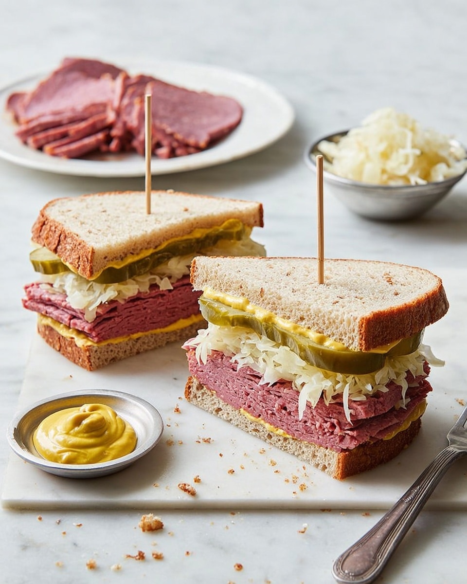 Two sandwich halves sit on a white marbled surface, each held together with a toothpick. The sandwiches have three layers: a bottom layer of light brown rye bread spread with yellow mustard, a thick middle layer of pink corned beef, and a top layer of pale green pickles and white sauerkraut, all covered by a top slice of rye bread. To the left, there is a white plate with three pieces of sliced corned beef. To the right, a small silver bowl filled with sauerkraut and a small white plate with yellow mustard are visible, along with a fork resting on the surface near the sandwiches. Photo taken with an iphone --ar 4:5 --v 7