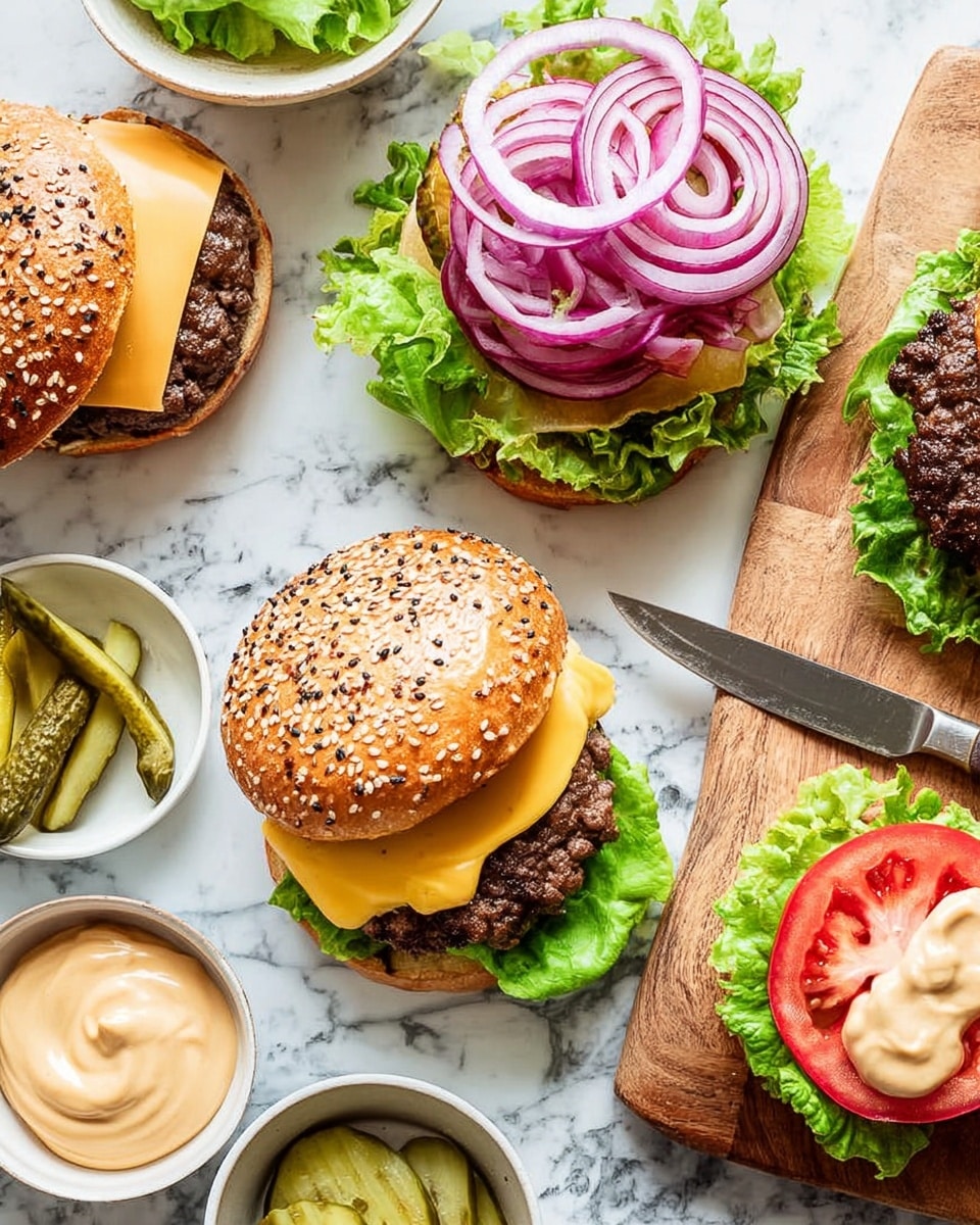 The image shows three burgers at different stages of assembly on a white marbled surface. The first burger on the bottom left has a sesame seed bun bottom layer, melted yellow cheese, crisp green lettuce, a thick brown beef patty, and topped with rings of purple-red onion. The second burger near the center has a sesame seed bun top covering layers of purple-red onion rings, melted yellow cheese, leafy green lettuce, a tomato slice, and a beef patty on the bottom bun. The third burger on the bottom right shows a beef patty layered with green lettuce, a tomato slice, and sauce dolloped on the side, without the bun. Around the burgers, there are small white bowls filled with sliced pickles and a creamy beige sauce. A knife rests on a wooden board near the middle burger. The whole scene is bright and clear. photo taken with an iphone --ar 4:5 --v 7