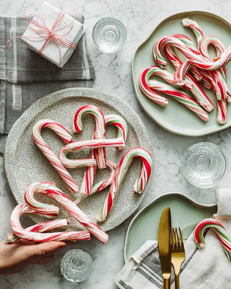 The image shows a variety of candy canes with red, white, and green stripes, arranged in several places. The main focus is a white plate with a blue striped napkin and gold-colored fork, knife, and spoon on top. Above it, a dark round plate holds a pile of candy canes next to a small gift wrapped in brown paper with a gold ribbon. To the right, a white plate holds gold cutlery on a gray napkin. Candy canes also fill a clear glass on the left and rest on a white plate to the right. The surface is a white marbled texture creating a bright and clean background. Photo taken with an iphone --ar 4:5 --v 7