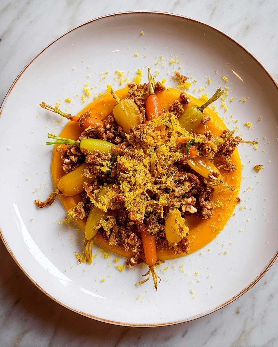 The image shows a white plate with a round base layer of smooth, orange puree in the center. On top of this puree, there is a mix of small whole yellow and orange baby carrots scattered unevenly. Around and on the carrots, there are small clusters of crumbled brown nuts or granola pieces adding texture. The dish is finished with a dusting of light yellow grated substance sprinkled heavily over the top and slightly around the plate. The plate sits on a white marbled surface. Photo taken with an iphone --ar 4:5 --v 7