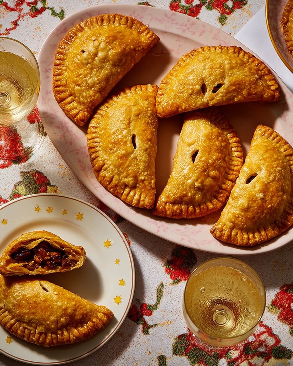The image shows six golden-brown baked pastries arranged on a white oval plate with a soft pinkish pattern. Each pastry is semi-circular with crimped edges and small fork holes on top, showing a flaky, slightly crackled texture. One white round plate with small yellow star designs holds a halved pastry revealing a dark brown filling with bits of red and green inside, placed on a floral tablecloth with red and white flowers. A glass filled with a light golden bubbly drink is partly visible at the bottom right on a white marbled surface, with soft lighting highlighting the warm tone of the pastries. photo taken with an iphone --ar 4:5 --v 7