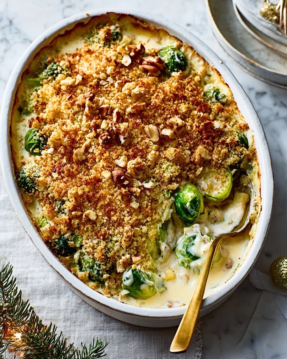 The image shows a baked casserole in a deep oval dish with a golden, crispy crumb topping sprinkled with small crunchy bits. The top layer is a mixture of golden brown and light tan colors with a rough texture, covering a creamy layer beneath. Peeking through the edge is a thick, creamy sauce holding green Brussels sprouts, adding pops of bright green color. A silver spoon rests on the right side of the baking dish, slightly scooping some of the creamy casserole. The dish sits on a white marbled surface with a small red onion and some greenery nearby. Photo taken with an iphone --ar 4:5 --v 7