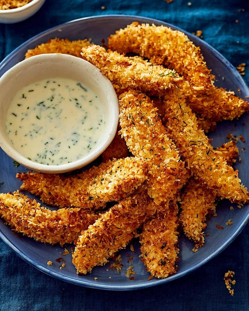 The image shows a round white plate filled with several golden brown crispy breaded chicken strips arranged in a piled circle. On the left side of the plate, there is a small white bowl with a creamy light-colored dip speckled with green herbs. The surface under the plate is a white marbled texture, providing a clean and bright background for the dish. Photo taken with an iphone --ar 4:5 --v 7