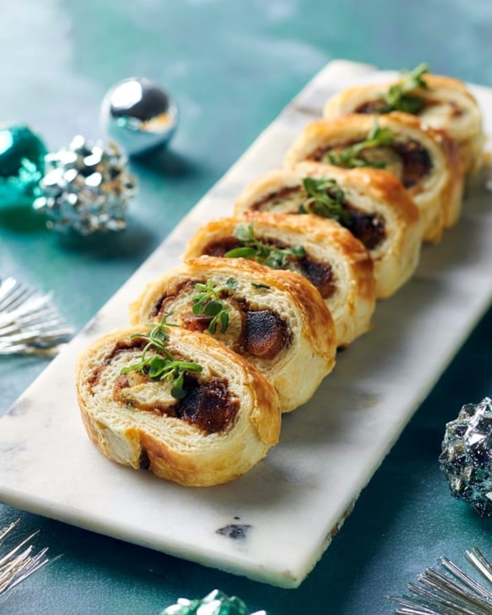 The image shows a row of sliced savory rolls placed neatly on a shiny white rectangular plate. Each roll has multiple layers with a light golden-brown outer pastry, followed by a dark brown filling that looks soft and meaty, and a few black olive slices on top. Small green herb leaves are sprinkled over the rolls, adding a fresh touch. The plate is set on a white marbled surface, with a blurred background featuring shiny silver disco ball ornaments and a silver dish partially visible on the side. Photo taken with an iphone --ar 4:5 --v 7