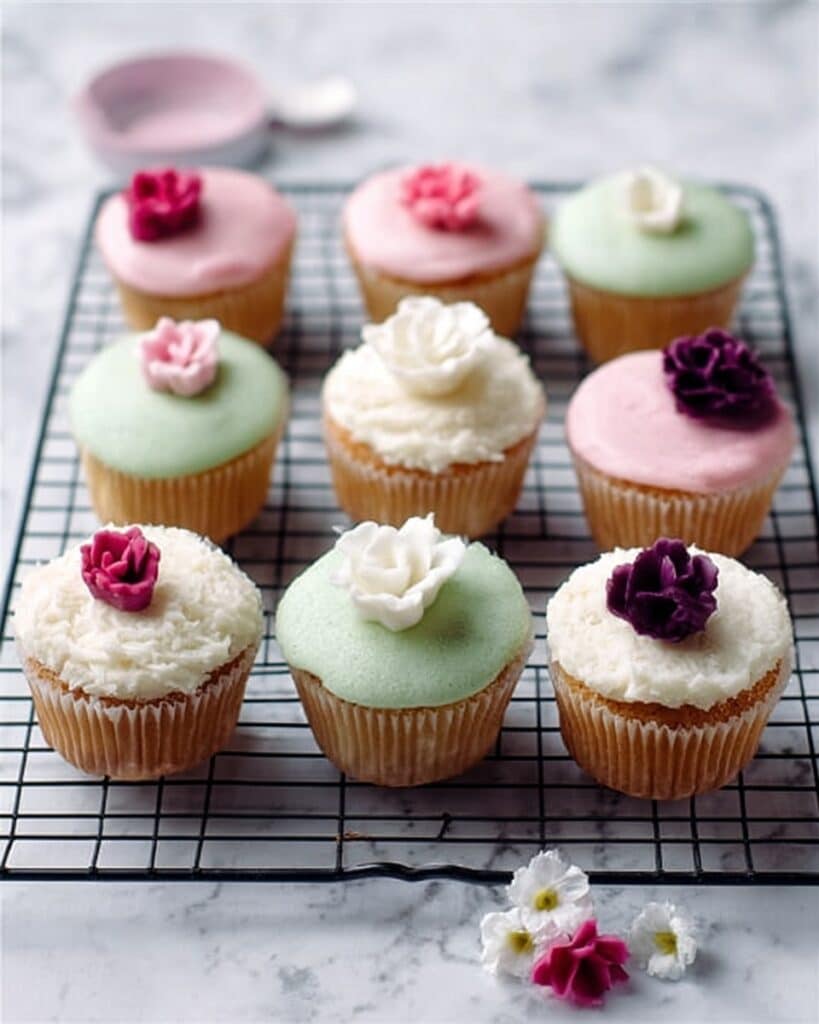 Glamorous Fairy Cakes with Edible Flowers and Colored Icing Recipe