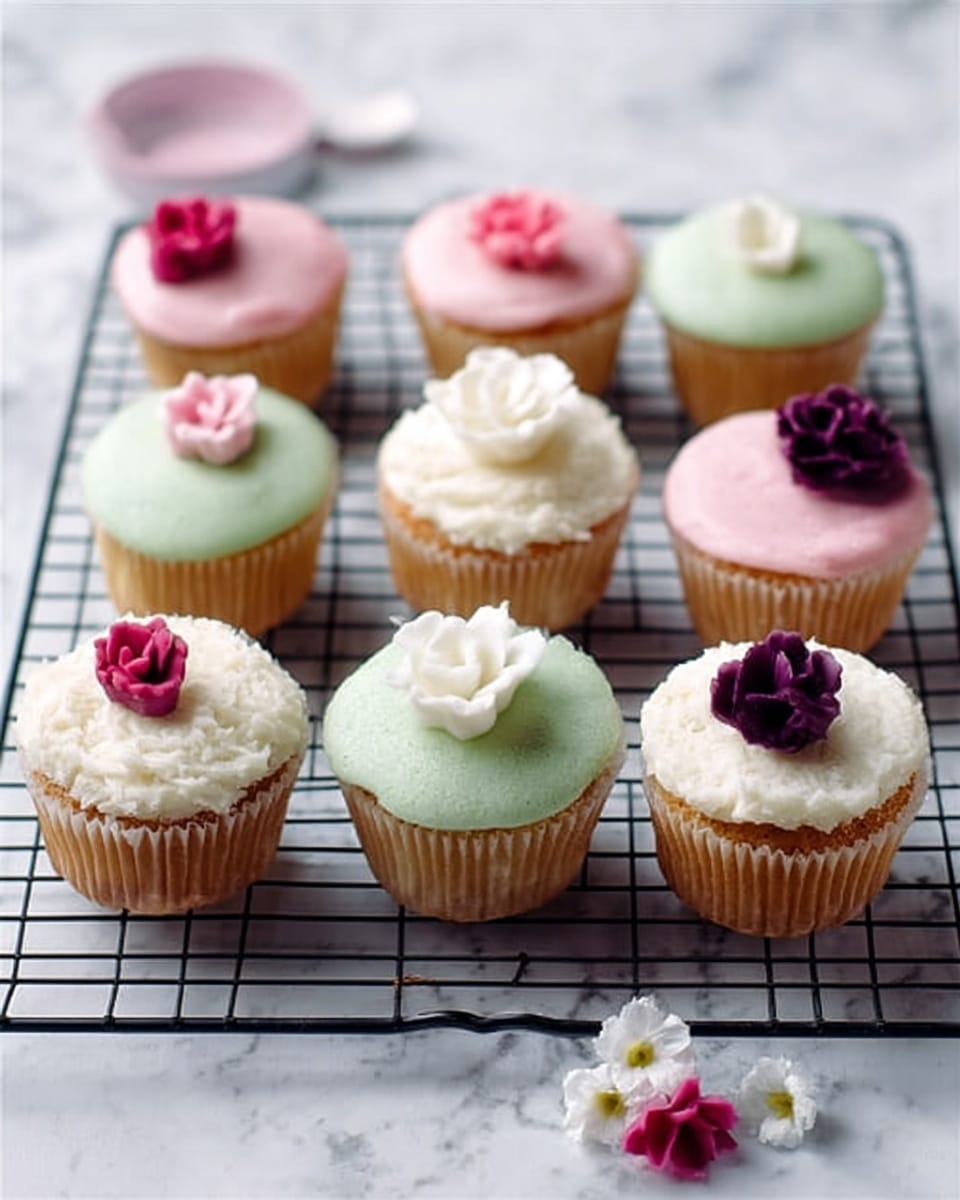 The image shows nine cupcakes arranged in three rows on a black wire cooling rack placed on a white marbled surface. Each cupcake has a pale pastel-colored frosting layer, with three having light pink frosting, three with soft green frosting, and three with white frosting. On top of each cupcake sits a small flower decoration matching their frosting colors: deep pink flowers on the pink frosted cupcakes, white flowers on the green frosted ones, and dark purple flowers on the white frosted cupcakes. A few additional white and red flower decorations are scattered near the front right corner of the rack. The texture of the frosting looks smooth and slightly soft. photo taken with an iphone --ar 4:5 --v 7