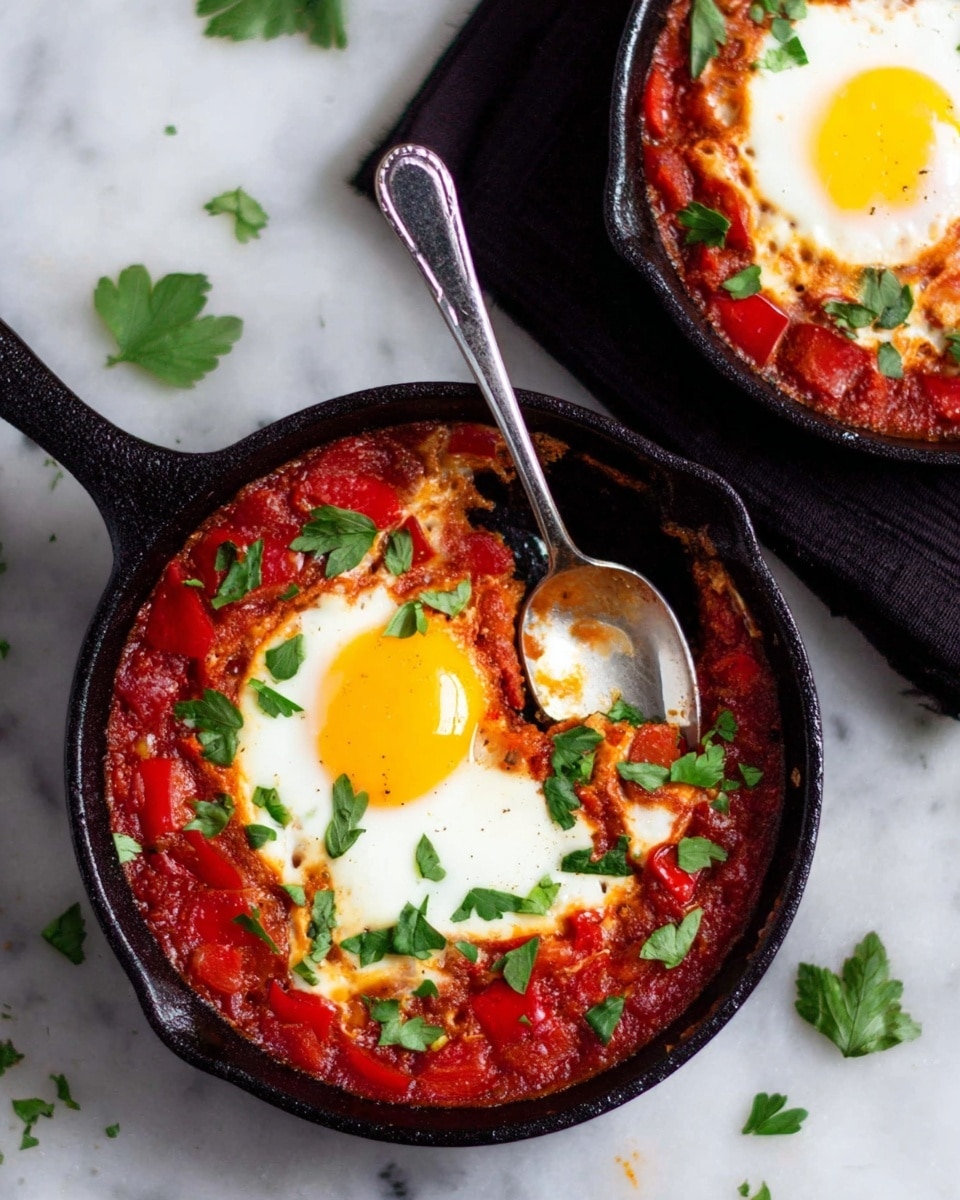 The image shows two black cast iron skillets on a white marbled surface, each containing a shakshuka dish. Each skillet has a base layer of thick red tomato sauce with chunks of red bell pepper, topped with a cooked egg with a bright yellow yolk and white edges. The tomato sauce surrounds the egg, filling the skillet's sides. Fresh green parsley leaves are sprinkled on top, adding a fresh contrast. A silver spoon is placed in the larger skillet, resting on the sauce near the egg. Small bits of parsley are also scattered on the surface around the skillets. Photo taken with an iphone --ar 4:5 --v 7