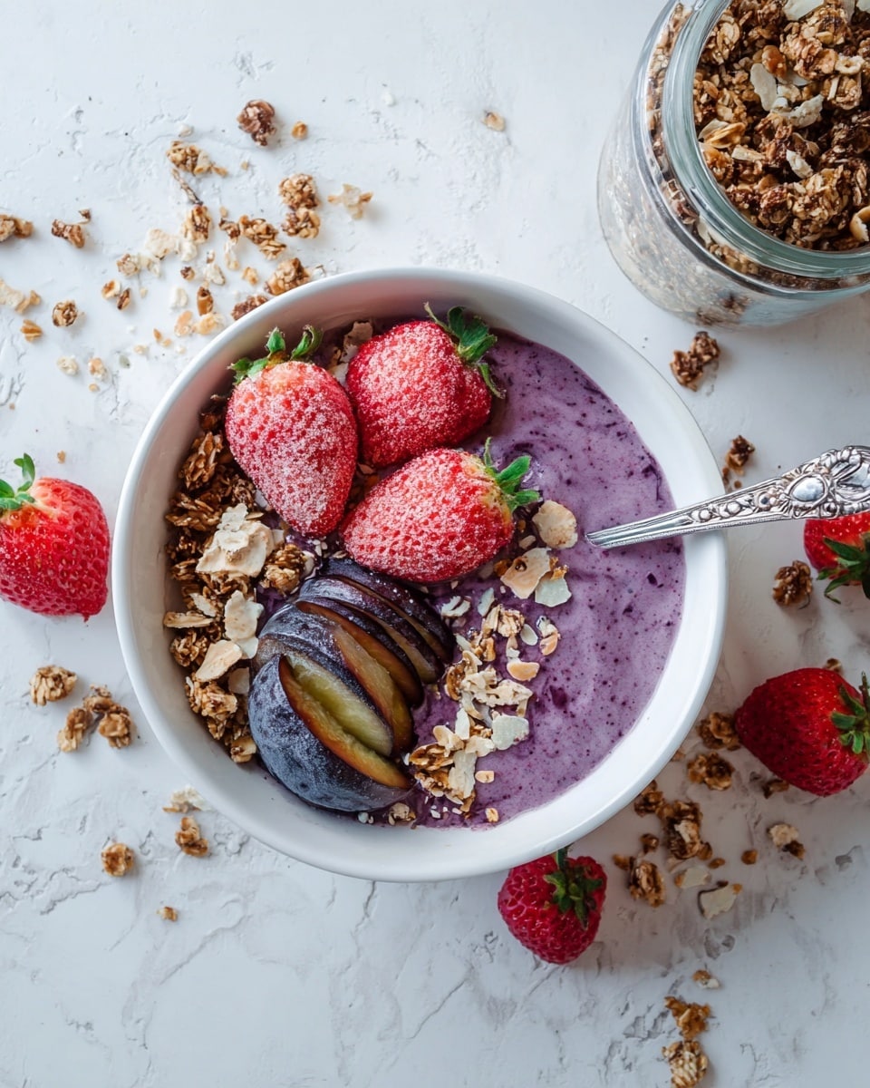 A white bowl filled with a purple smoothie base that has a thick and slightly speckled texture. On top, there are three whole bright red frozen strawberries with visible frost and a few slices of dark purple plum with greenish stripes, placed neatly on one side. Sprinkled over the fruits and smoothie is a scattering of light brown granola with different grains and nuts, adding a crunchy texture. A silver spoon with a floral pattern rests inside the bowl. Surrounding the bowl are more frozen strawberries, granola pieces, and a glass jar almost full of granola, all set on a white marbled surface. Photo taken with an iphone --ar 4:5 --v 7
