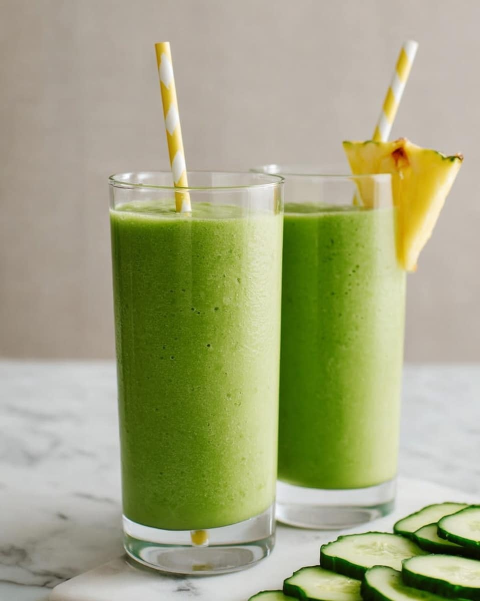 Two tall clear glasses filled with thick bright green smoothies, smooth texture with tiny dark green specks throughout. Each glass has a yellow and white striped straw placed vertically inside. The glass on the right is decorated with a fresh small triangular yellow pineapple slice on the rim. In the background, on the right side, there are a few thin slices of cucumber placed on a white marbled surface. Photo taken with an iphone --ar 4:5 --v 7