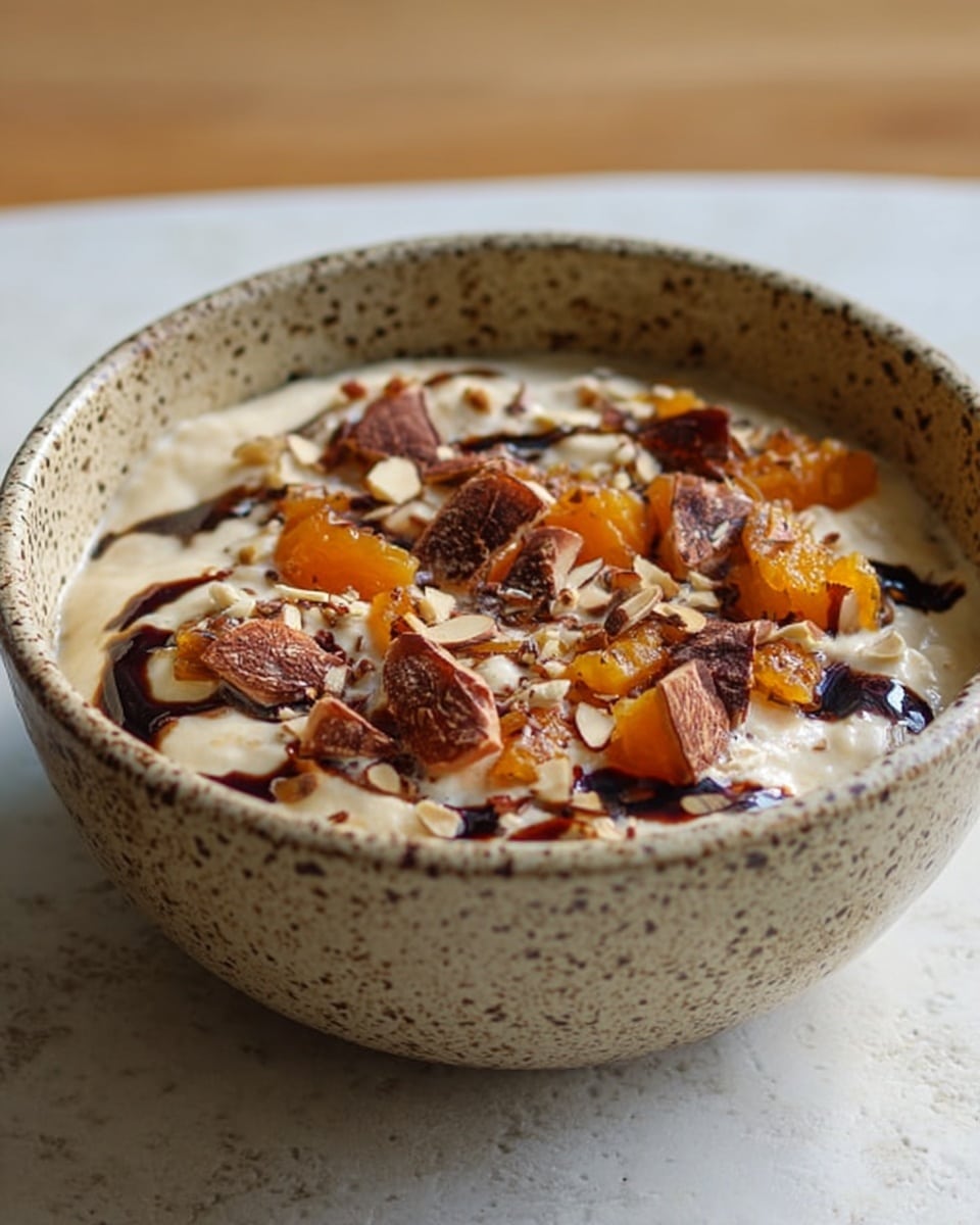 A speckled ceramic bowl filled with a creamy beige base layer that looks smooth and thick. On top, there are scattered pieces of chopped almonds and chunks of bright orange dried fruit, possibly apricot, adding texture and color contrast. Dark brown streaks, likely a syrup or sauce, are drizzled unevenly over the creamy base and toppings. The bowl sits on a white marbled surface with soft natural light, highlighting the textures of the dish. photo taken with an iphone --ar 4:5 --v 7