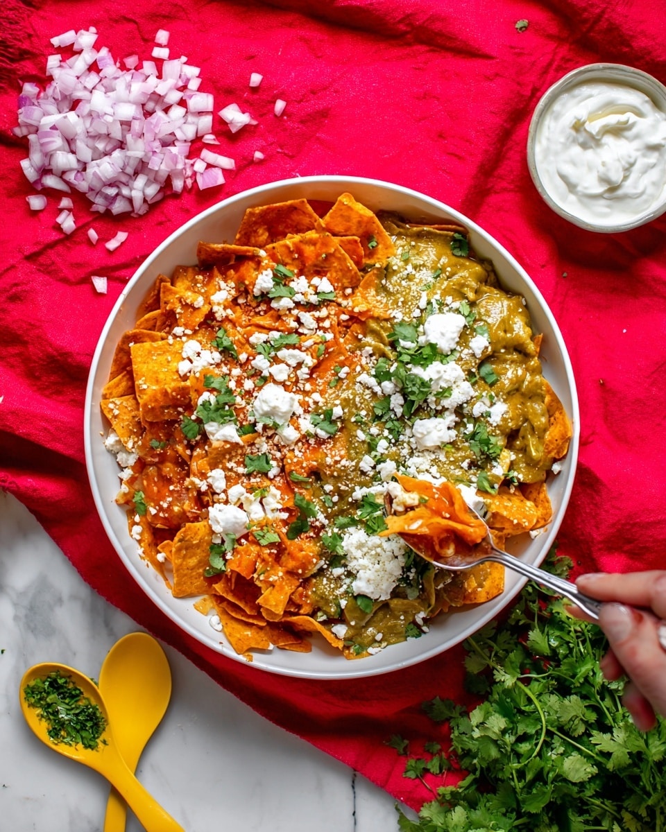 A white oval dish filled with two layers of chilaquiles arranged side by side, the left half with red chilaquiles showing crispy red tortilla chips coated in red sauce, and the right half with green chilaquiles having tortillas covered in green sauce. Both sides are topped with crumbled white cheese, chopped white onions, dollops of white crema, and scattered green cilantro leaves. A woman's hand is holding a spoon scooping from the center where the red and green chilaquiles meet. The dish is on a white marbled surface with a red cloth underneath. Around the dish are bits of diced onion, bunches of fresh cilantro, a small yellow container with chopped green herbs, a small glass bowl of white crema with a spoon in it, and some yellow tortilla chips. Photo taken with an iphone --ar 4:5 --v 7