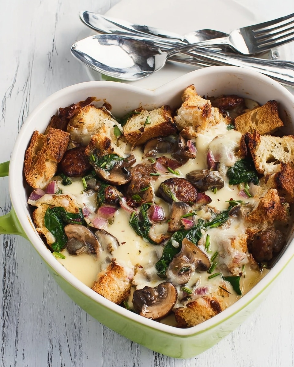 The dish shows a white, square but round-edged baking dish filled with several layers. The bottom layer looks creamy with a pale yellow color, partially covered by chunks of golden brown toasted bread. Mixed throughout this layer are pieces of cooked dark brown sausages, wilted greens with a dark green shade, and sliced sautéed mushrooms with a rich brown color. Small bits of diced light purple onions are scattered on top. The melted cheese is creamy white and is placed unevenly across the dish in soft melts and pools. The baking dish sits on a white marbled surface with three shiny silver forks placed nearby. Photo taken with an iphone --ar 4:5 --v 7