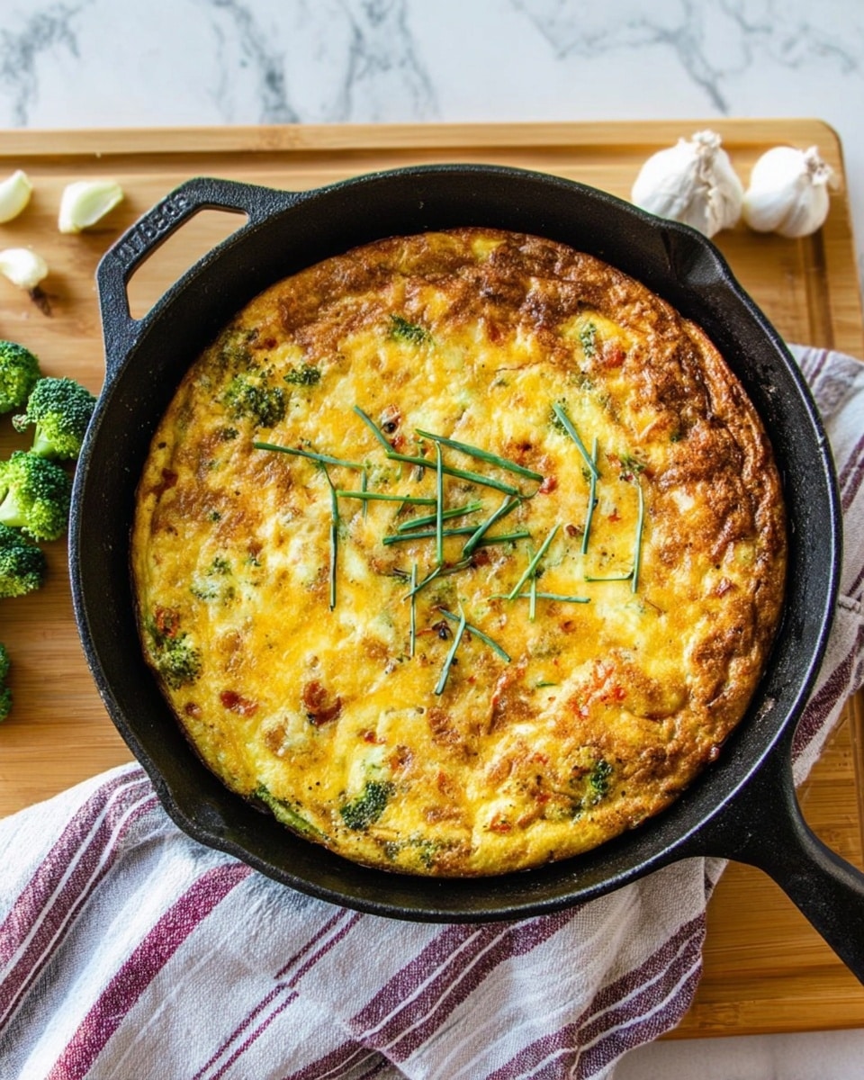 A golden-brown frittata sits in a black cast iron skillet, showing one thick layer with a slightly crispy, bubbly texture on top, dotted with green sliced herb strips scattered evenly. The frittata’s surface has a warm yellow color with hints of browned cheese and bits of red and green vegetables visible beneath. The skillet rests on a striped cloth that is placed over a wooden cutting board. Around the skillet on the cutting board are small piles of broccoli florets, chopped onions, garlic cloves, and red chili peppers. The whole scene is set on a white marbled texture background. photo taken with an iphone --ar 4:5 --v 7