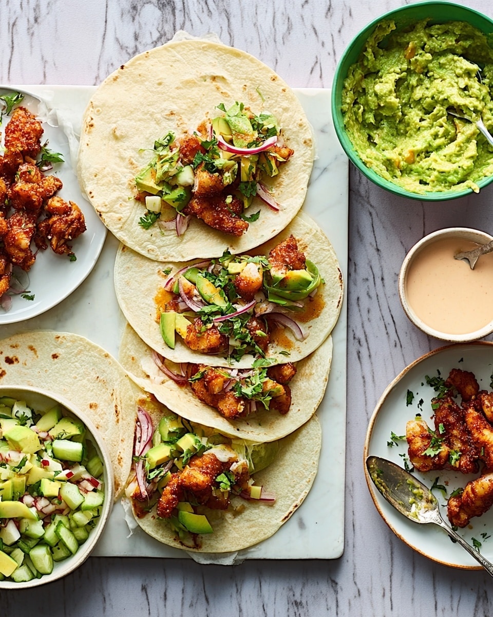The dish shows several soft white tortillas stacked and layered on a white marbled surface, with four tortillas topped with pieces of crunchy-looking orange-brown fried fish, green avocado slices, chopped red onions, and fresh green herbs. One tortilla near the top is fully wrapped, and the others are open-faced. On the side, there is a small white bowl with bright green chunky guacamole, a white bowl with a mix of chopped cucumbers, apples, and herbs, a white plate holding more fried fish pieces, and a small white bowl with creamy pinkish sauce and a spoon. A fork rests near the guacamole on the marble surface. Photo taken with an iphone --ar 4:5 --v 7