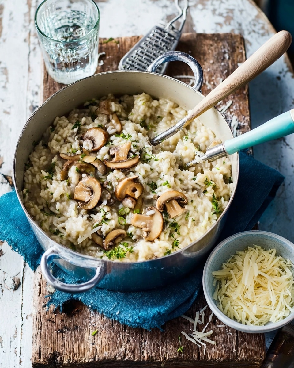 A white metal pot filled with a creamy risotto that has light beige grains mixed with small green herbs, topped with sliced light brown mushrooms scattered over the top, and some shredded white cheese sprinkled unevenly. The pot sits on a blue cloth placed on a rustic wooden board with a glass of water nearby. To the right of the pot, there is a small white bowl filled with shredded white cheese. A wooden spoon with a light blue handle is resting inside the pot on the risotto. The background is a white marbled texture. Photo taken with an iphone --ar 4:5 --v 7