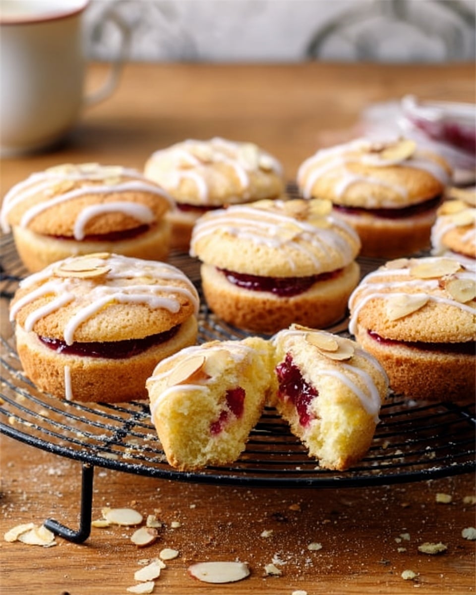 The image shows eight small round cakes with two layers each, sitting on a round black cooling rack on a white marbled surface. Each cake has a golden-brown top and bottom layer with a creamy white filling sandwiched in the middle. The tops have white icing drizzled in thin lines and are sprinkled with sliced almonds. One cake in the front left corner has a bite taken from it, revealing a red berry jam inside the light yellow interior. Some loose almond slices and crumbs are scattered near the bitten cake. Photo taken with an iphone --ar 4:5 --v 7