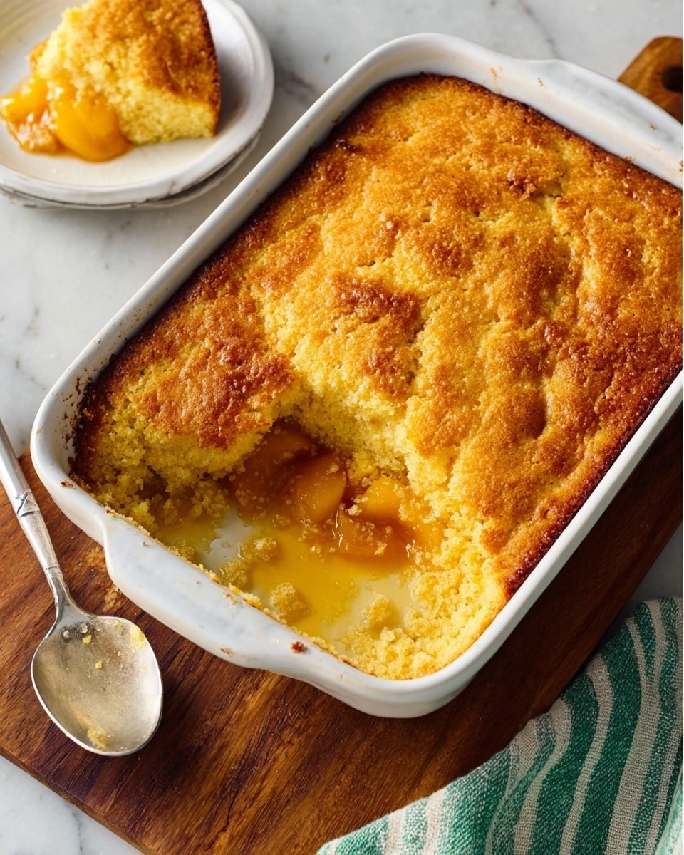 The image shows a rectangular white baking dish filled with golden brown baked cornbread, with a square section missing from the bottom left corner revealing a layer of bright orange, gooey cooked peaches underneath. The cornbread top layer looks crumbly and slightly rough in texture, while the peach layer appears soft and juicy. A silver spoon with some of the dessert on it rests on a wooden board next to the dish. In the background, there is a white plate holding a piece of the cornbread with peach filling, and a white marbled surface is under the baking dish. A green and white striped cloth is partly visible near the bottom right corner. photo taken with an iphone --ar 4:5 --v 7