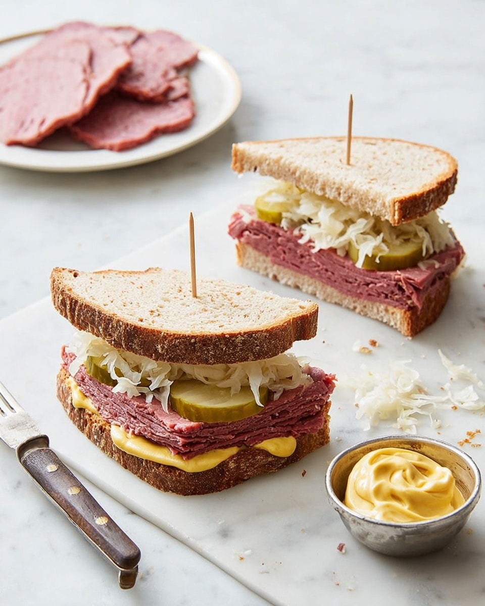 Two sandwich halves sit on a white marbled surface, each made with two slices of light brown bread with a soft and grainy texture. The bottom bread layer is spread with a smooth layer of yellow mustard. On top of the mustard is a thick, dense layer of pink corned beef, followed by a layer of light green pickle slices. Above the pickles is a layer of white sauerkraut with shredded texture, and the sandwich is topped with the second slice of bread. Each sandwich half is held together with a wooden toothpick in the center. Nearby, a small silver bowl holds more shredded white sauerkraut, and a small white plate contains a swirl of yellow mustard. In the background, a white plate holds pieces of boiled corned beef. A small fork with a dark handle rests beside the sandwiches, with some sauerkraut scattered on the surface. Photo taken with an iphone --ar 4:5 --v 7