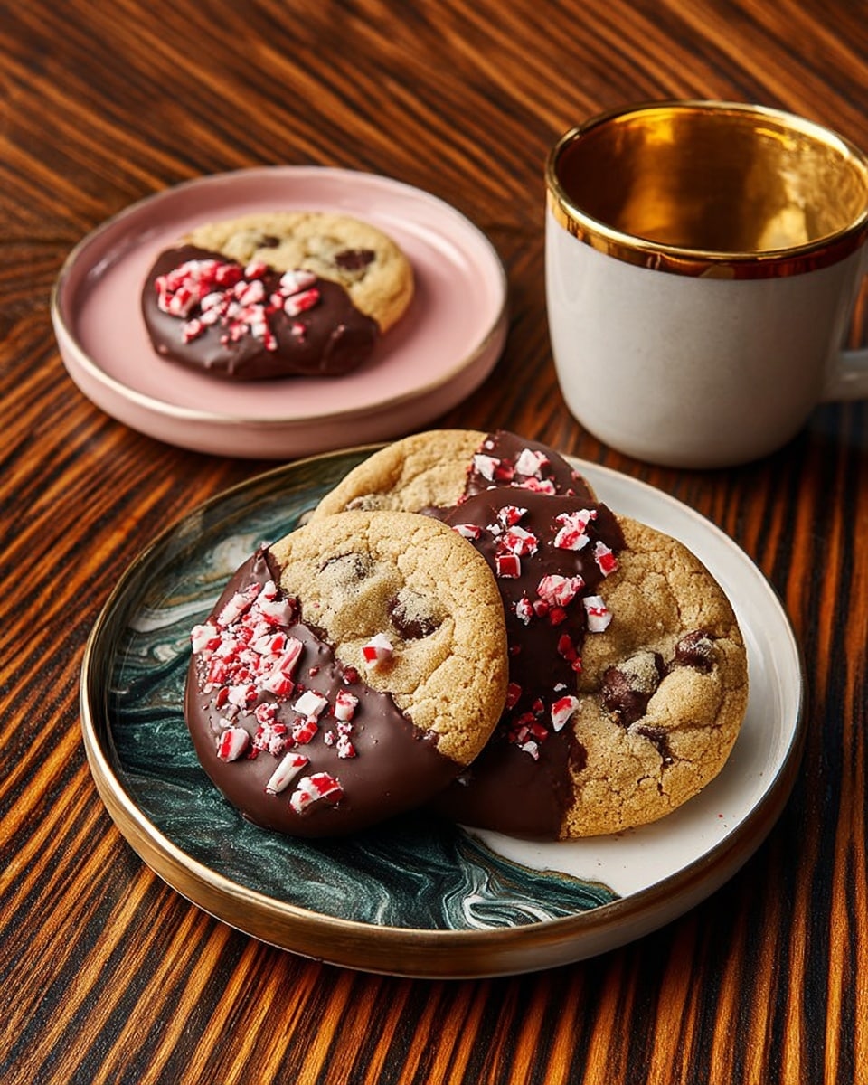Four round chocolate chip cookies are arranged on two dishes, one stacked on top of the other. The bottom dish is round and white with a marbled look in dark gray and green shades, placed on a wooden surface with narrow striped patterns in dark brown. On top of this dish is a smaller, smooth pale pink plate holding three cookies. Each cookie is half dipped in smooth, glossy milk chocolate, with small pieces of red and white peppermint candy sprinkled over the chocolate side. One cookie lies directly on the larger dish above the stacked plates. Next to the cookies is a white cup with a golden inside, slightly tilted to show the shiny gold color. Photo taken with an iphone --ar 4:5 --v 7