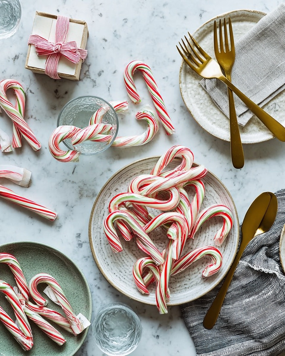 The image shows red, white, and green candy canes with a striped pattern placed in different spots on a white marbled surface. A pile of candy canes is stacked on a round white plate with a textured surface in the center. A smaller clear glass holds three candy canes on the left. On the right side, a few candy canes lay on a white plate with a light green tint. Above the central plate is another textured white plate with gold-colored fork, knife, and spoon laid on a folded white and gray striped napkin. A round clear glass sits beside the central plate. A small gift box tied with pink string is placed near the top left on the surface. photo taken with an iphone --ar 4:5 --v 7