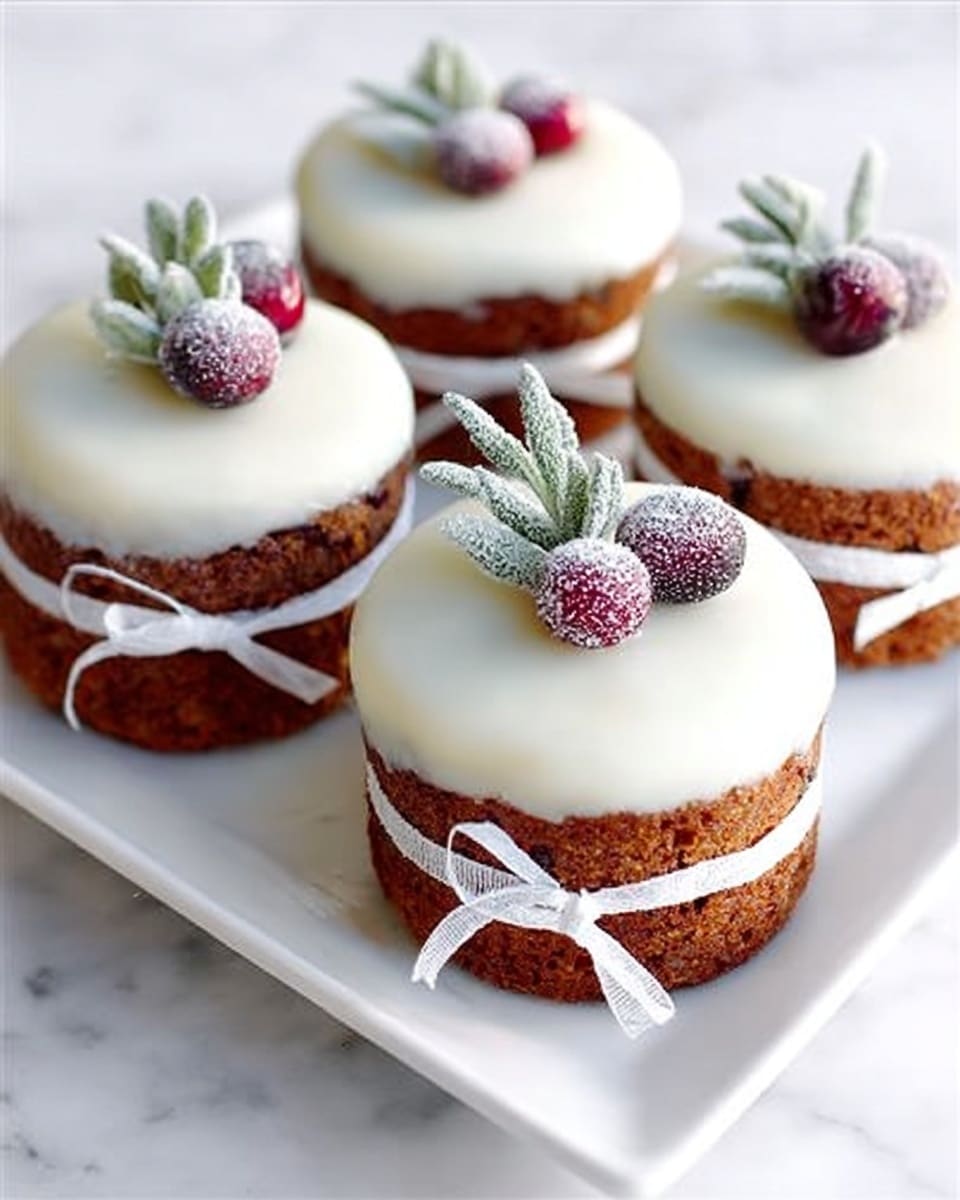 Four small round cakes, each made with two brown textured layers filled and topped with smooth white icing, sit on a white rectangular plate. Each cake has a white ribbon wrapped around the side between the layers. On top of the icing, there are two red berries and a small sprig of green leaves, dusted with sugar giving a frosted look. The plate is placed on a white marbled surface. photo taken with an iphone --ar 4:5 --v 7