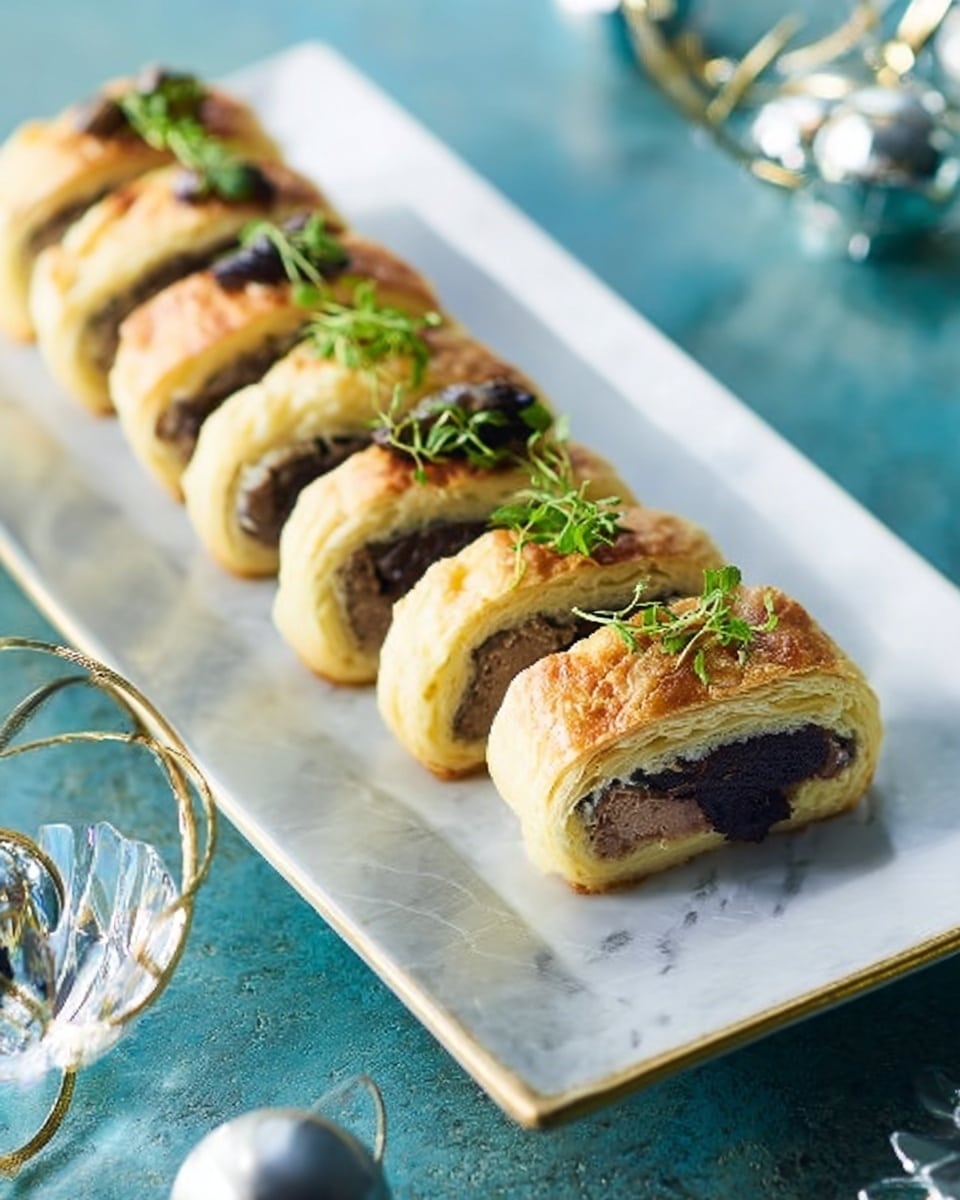 The image shows a white rectangular plate with a row of evenly sliced pastry rolls. Each roll has several layers: the outer layer is light golden brown and flaky, the middle layer is a smooth, dark brown filling, and there are small green herb leaves placed on top for garnish. The rolls are arranged neatly in a straight line on the plate, which sits on a white marbled surface with soft teal and silver decorations around it. photo taken with an iphone --ar 4:5 --v 7