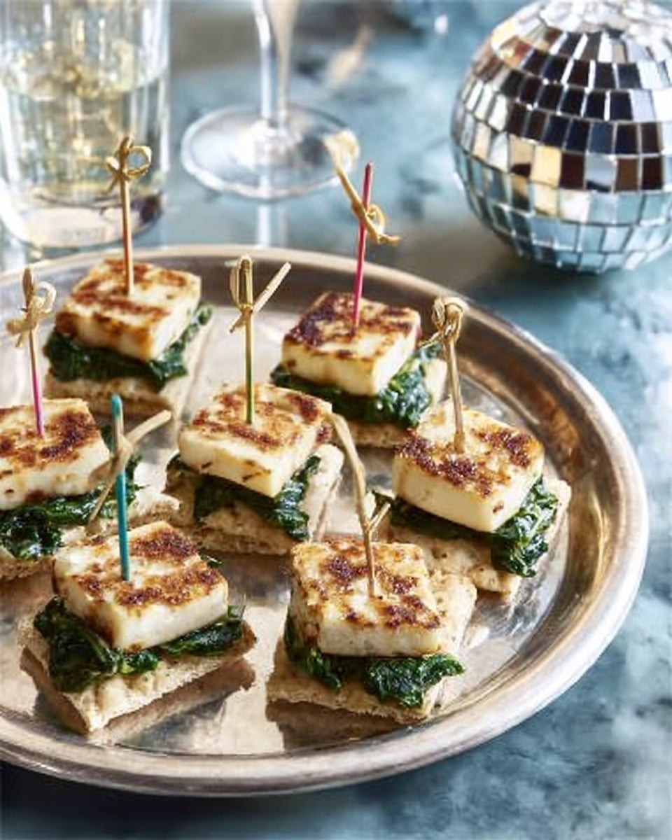 The image shows a round silver tray holding several small square crackers topped with green cooked spinach and a small grilled white cheese cube on each. Each cheese cube has light brown grill marks and a toothpick of different colors sticking straight up from the center. The tray is placed on a white marbled surface, with a glass of water and a shiny silver disco ball nearby. photo taken with an iphone --ar 4:5 --v 7