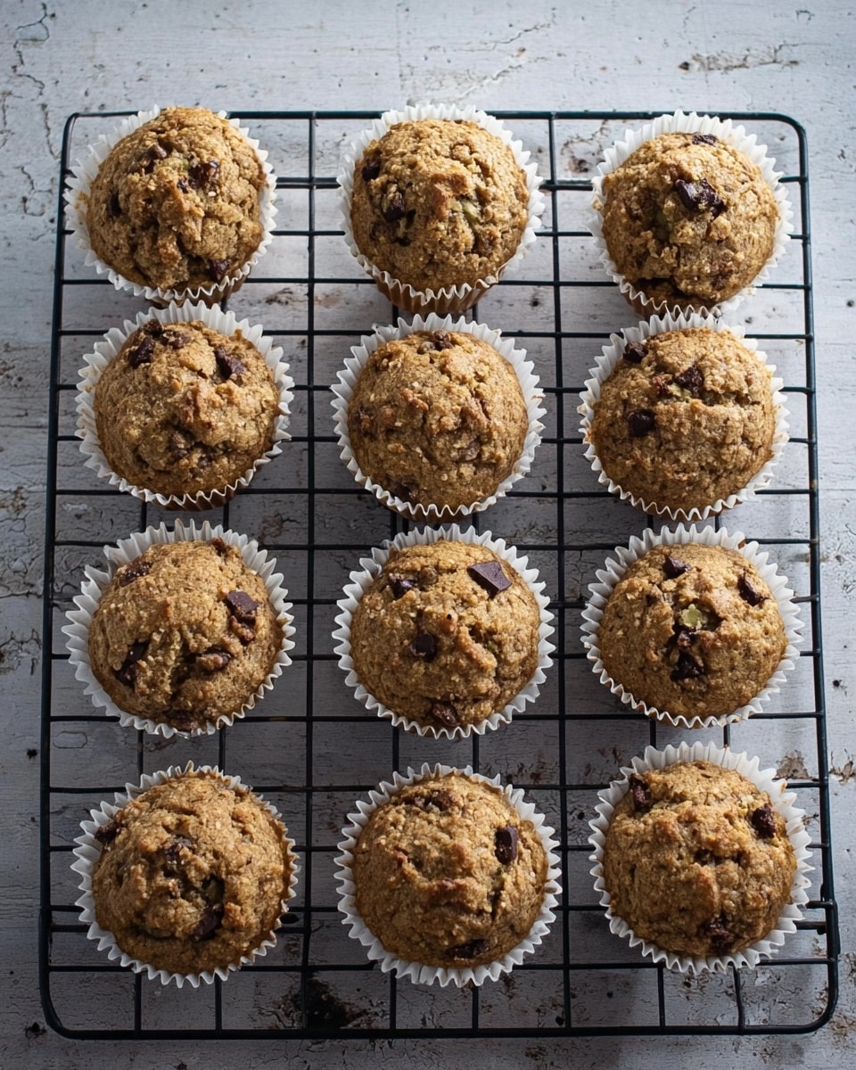 Twelve muffins sit on a black cooling rack placed on a white marbled textured surface. Each muffin is held in a white paper liner and has a rough, crumbly top with uneven brown and light golden tones. Some muffins have visible chunks of dark chocolate mixed inside, adding darker spots on the surface. The muffins are arranged in three rows of four, evenly spaced, showing their round shape and slightly cracked tops. The scene is lit softly to show the texture of the muffins and the grid pattern of the rack. Photo taken with an iphone --ar 4:5 --v 7