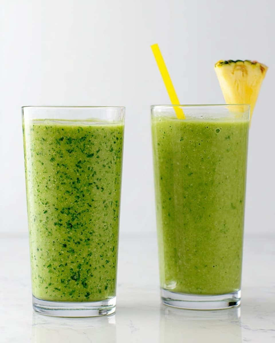 The image shows two tall glasses filled with a thick green smoothie that has small darker green specks evenly mixed throughout. The glass on the left is simple and plain, filled almost to the top with the green smoothie, while the glass on the right is a clear tall glass also filled nearly to the top and garnished with a small triangular piece of pineapple resting on the rim, along with a yellow straw sticking out. Both drinks are placed on a white marbled surface with a white background. photo taken with an iphone --ar 4:5 --v 7