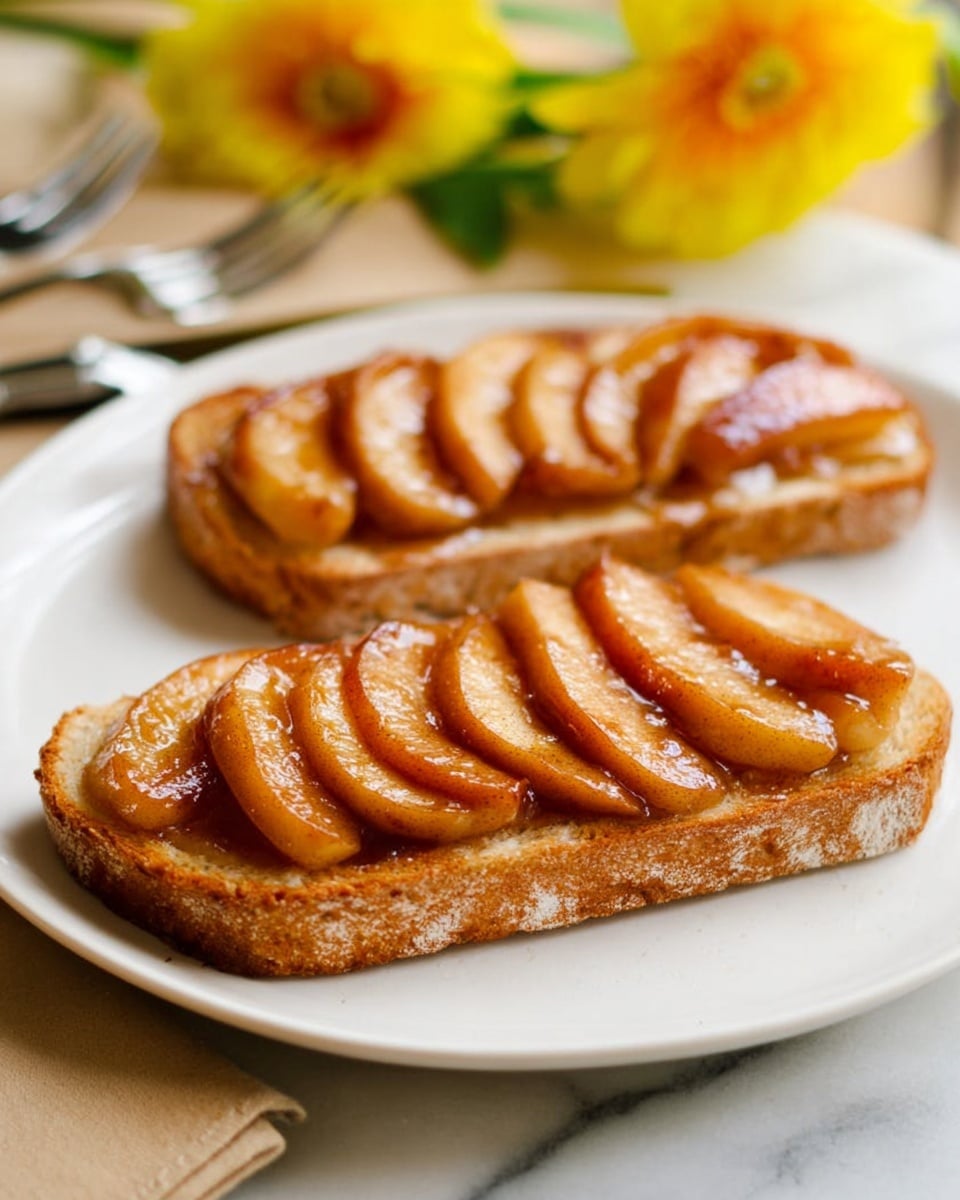 Two pieces of oval toast sit side by side on a white plate, each topped with neatly arranged slices of browned cooked apple, creating a curved pattern that covers the surface of the toast. The toast has a light golden-brown color and a slightly rough texture, with the apple slices showing a shiny glaze and a slightly caramelized edge. The plate rests on a white marbled surface, with an out-of-focus yellow flower and silverware in the warm background. Photo taken with an iphone --ar 4:5 --v 7