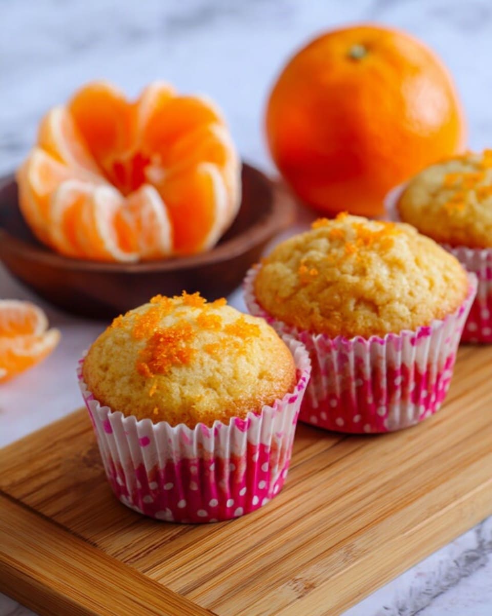 Three muffin cupcakes with a golden brown top and light orange zest on the surface sit in pink and white polka dot paper liners, arranged in a row on a light brown wooden board. Behind the muffins, a peeled bright orange citrus fruit is partially open showing its segments, and next to it is a whole orange fruit. The background is a white marbled texture. photo taken with an iphone --ar 4:5 --v 7