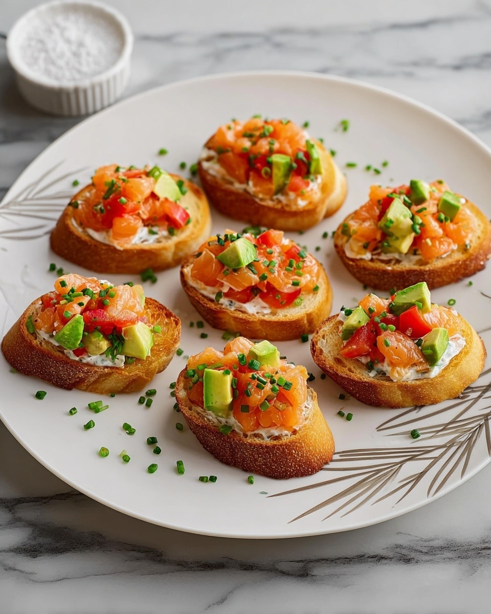 Seven pieces of toasted baguette slices are arranged on a white plate with a simple leaf pattern, set on a white marbled surface. Each slice has a base layer of creamy spread topped with small bright orange salmon chunks, finely chopped red and orange bell peppers, and small green avocado cubes. The final touch is a few scattered green chive pieces on top and around the plate, adding a fresh contrast. In the background, a white small bowl with a white powdery content is slightly out of focus. Photo taken with an iphone --ar 4:5 --v 7